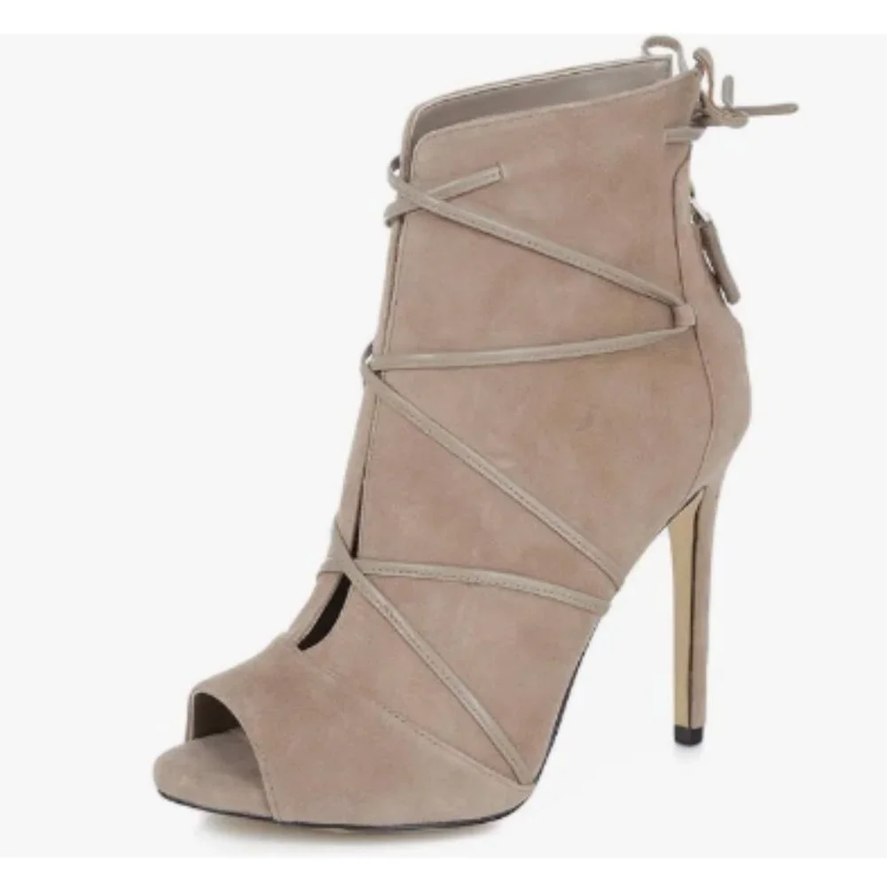 YDN Beige Peep Toe Faux Suede Ankle Booties Platform High Heels Lace Up Shoe